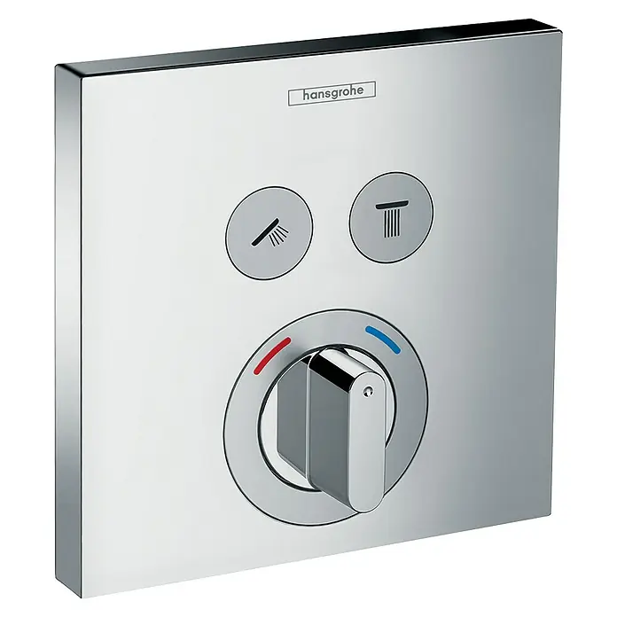 Hansgrohe UP-Thermostatarmatur ShowerSelect -  - Nahaufnahme eines Hansgrohe Duschbedienfelds in Chrom mit Temperaturregler und Tasten zur Auswahl der Duschfunktion.
