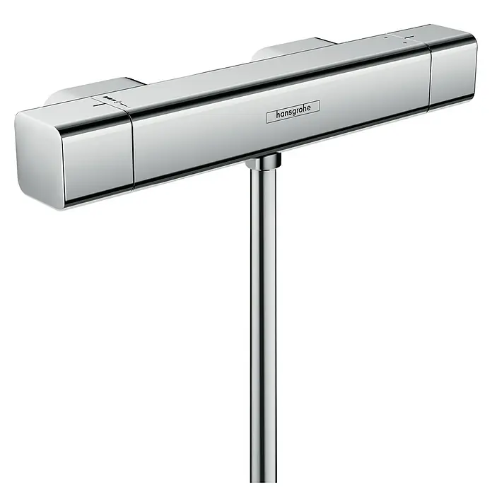 Hansgrohe Ecostat Thermostatarmatur E - Chrom, Glänzend - Eine Nahaufnahme des Hansgrohe Duschthermostats Ecostat E, der durch sein schlankes, chromfarbenes Design besticht.