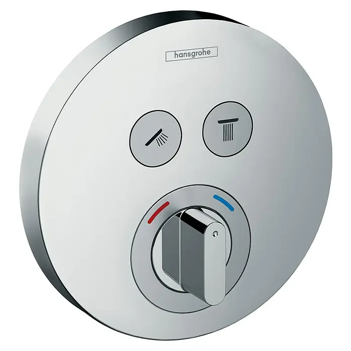 Hansgrohe UP-Thermostatarmatur ShowerSelect S - Rund, Chrom, Glänzend, Durchflussmenge: 22 l/min - Nahaufnahme einer runden Hansgrohe-Duscharmatur mit Regler und zwei Knöpfen zur Auswahl der Strahlart.