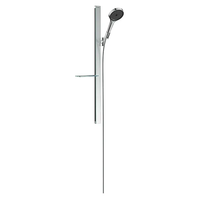 Hansgrohe Rainfinity Brausegarnitur 130 - Lochabstand: 91,5 cm, Art Strahl: PowderRain, Intense PowderRain, MonoRain, Chrom, Durchflussmenge: 14 l/min - Eine Duschstange mit einem Duschkopf und einem Regal an einer Duschsäule auf schwarzem Hintergrund.