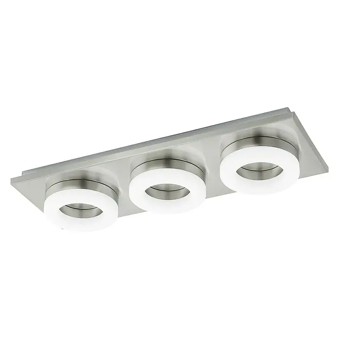 Eglo LED-Deckenleuchte Palena - 11,4 W, L x B x H: 41,5 x 14,5 x 5,5 cm, Nickel matt, Warmweiß, 3 Stk. - Moderne LED-Deckenleuchte mit drei ringförmigen Leuchten auf einer rechteckigen Metallplatte. Ideal für Badezimmer oder Flur.