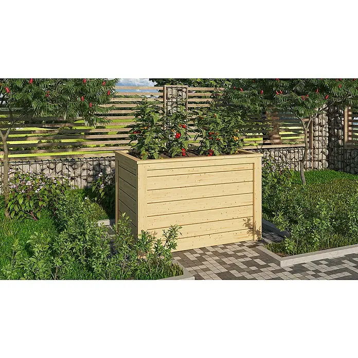 Karibu Hochbeet - 98 x 65 x 64 cm, Holz, Natur - Das Bild zeigt einen hölzernen Hochbeetkasten mit reifen Tomatenpflanzen in einem üppigen Garten, umgeben von Grün und einer dekorativen Steinmauer.