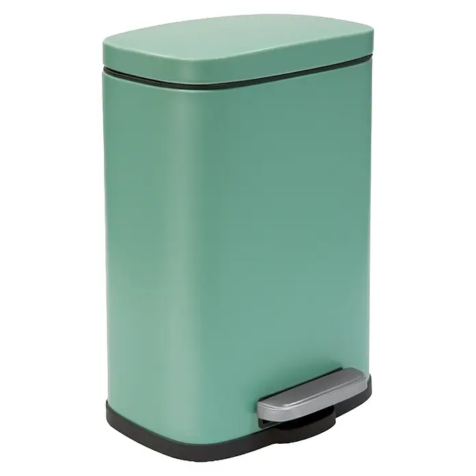 Spirella Cubo con pedal Akira - 5 l, Acero inoxidable, Verde - Un cubo de basura de pedal verde menta con borde negro y pedal plateado para una eliminación higiénica de residuos en el hogar. Diseño práctico y elegante.