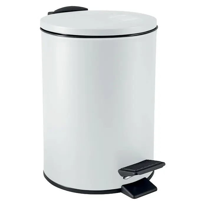 Spirella Cubo con pedal Adelar - 3 l, Acero inoxidable, Blanco - Un cubo de basura blanco con tapa negra y pedal. El cubo cilíndrico se erige sobre una base negra.