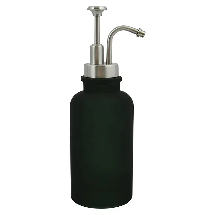 Spirella Yoko Dispensador de jabón - Vidrio, Gris - Primer plano de un dispensador de jabón oscuro con cabezal de bomba plateado y caño curvo sobre un fondo negro.