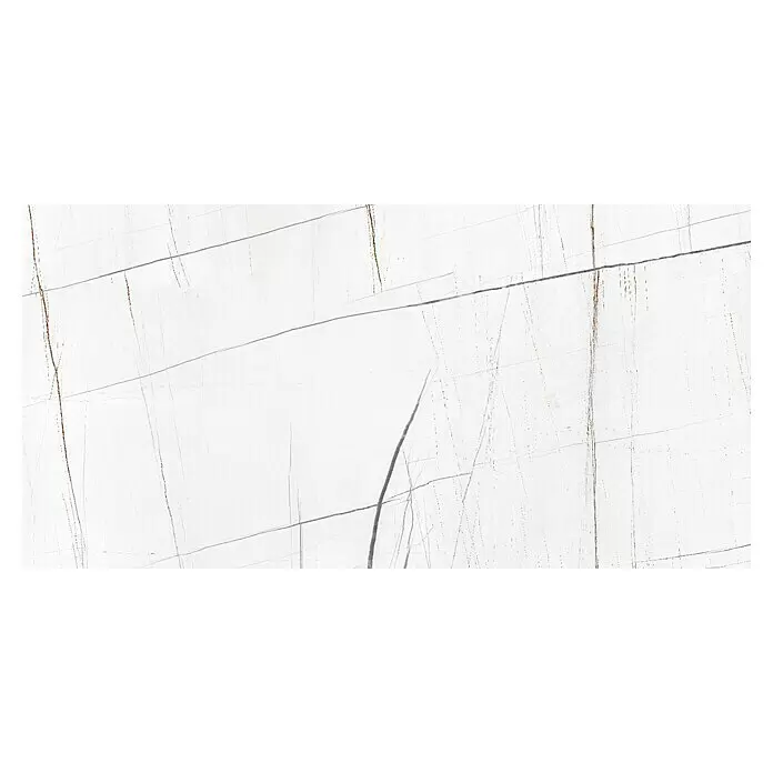 Feinsteinzeugfliese Marble Saphir - 60 x 120 cm, Weiß, Glänzend - Weiße Marmorplatte mit markanten grauen und rotbraunen Maserungen und kratzartigen Markierungen, ideal für moderne Oberflächen.