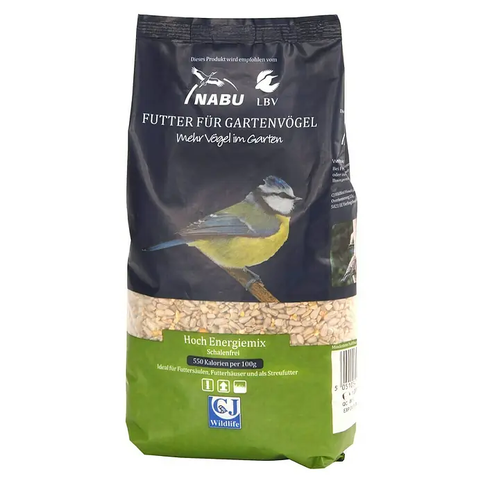CJ Wildlife Wildvogelfutter - 1 kg, Schalenfrei - Bild einer Packung NABU LBV Vogelfutter "Hoch Energiemix". Empfohlen für Gartenvögel, schalenfrei und ideal für Futterhäuser.