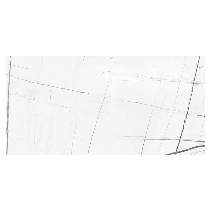Feinsteinzeugfliese Marble Saphir - 60 x 120 cm, Weiß, Glänzend - Weiße Marmor-Optik-Oberfläche mit linearen grauen und zarten braunen Äderungen.