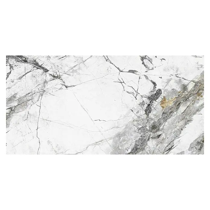 Feinsteinzeugfliese Marble Visage - 60 x 120 cm, Dunkelgrau, Glänzend - Elegante Marmorfliese mit auffälliger Maserung in Grau- und Goldtönen auf weißem Grund, ideal für stilvolle Innenräume.