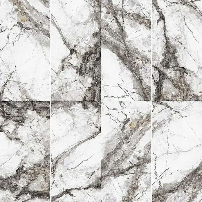 Feinsteinzeugfliese Marble Visage - 60 x 120 cm, Dunkelgrau, Glänzend - Acht Marmorfliesen in Grau- und Weißtönen mit eleganten Aderungen, die ein stilvolles und modernes Erscheinungsbild erzeugen.