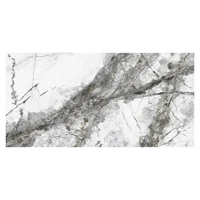 Feinsteinzeugfliese Marble Visage - 60 x 120 cm, Dunkelgrau, Glänzend - Diese Aufnahme zeigt eine Marmorplatte mit grauen und weißen Wirbeln, die das natürliche Muster des Steins hervorheben. Die Platte eignet sich gut für Arbeitsplatten oder Bodenbeläge.