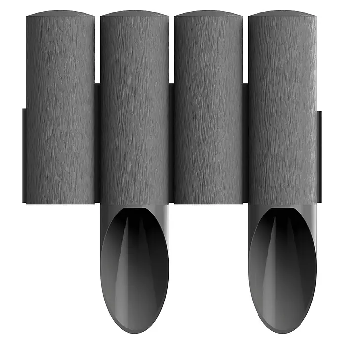 Palisade - L x H: 2,3 m x 145 mm, Anthrazit, Kunststoff - Eine Nahaufnahme von vier grauen zylindrischen Palisadenpfosten aus recyceltem Kunststoff, die durch horizontale Stützen miteinander verbunden sind.