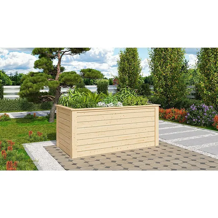 Karibu Hochbeet - 209 x 111 x 92 cm, Holz, Natur - Das Bild zeigt einen hölzernen Pflanzkasten im Garten, gefüllt mit verschiedenen Pflanzen, vor einem üppigen Hintergrund.