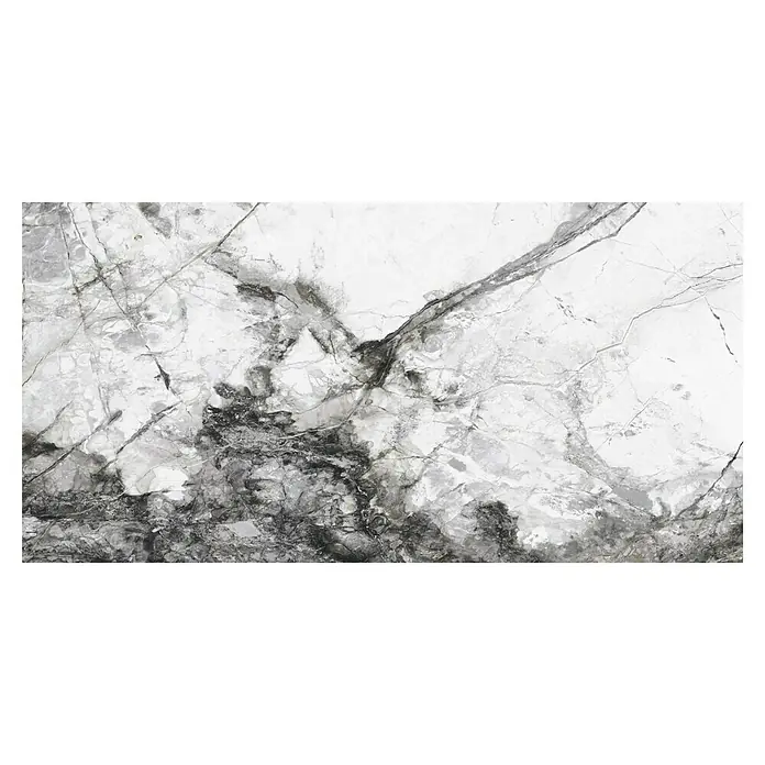 Feinsteinzeugfliese Marble Visage - 60 x 120 cm, Dunkelgrau, Glänzend - Grau-weiße Marmorplatte mit auffälligen dunklen Maserungen, ideal für elegante Innenräume. Die polierte Oberfläche reflektiert das Licht wunderschön.