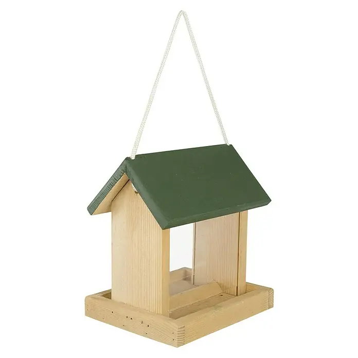 CJ Wildlife Vogelfutterhaus Wildvogel - 17 x 23 x 21 cm, Natur/ Grün, Holz - Vogelhaus aus Holz mit grünem Dach und Aufhängeseil, ideal für den Garten oder Balkon, um Vögel anzulocken und zu füttern.