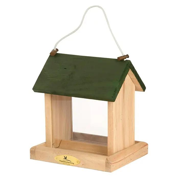 CJ Wildlife Vogelfutterhaus Wildvogel - 17 x 23 x 21 cm, Natur/ Grün, Holz - Holz Vogelhaus mit grünem Dach und Aufhängeseil für den Garten oder Balkon, um Vögel zu füttern.