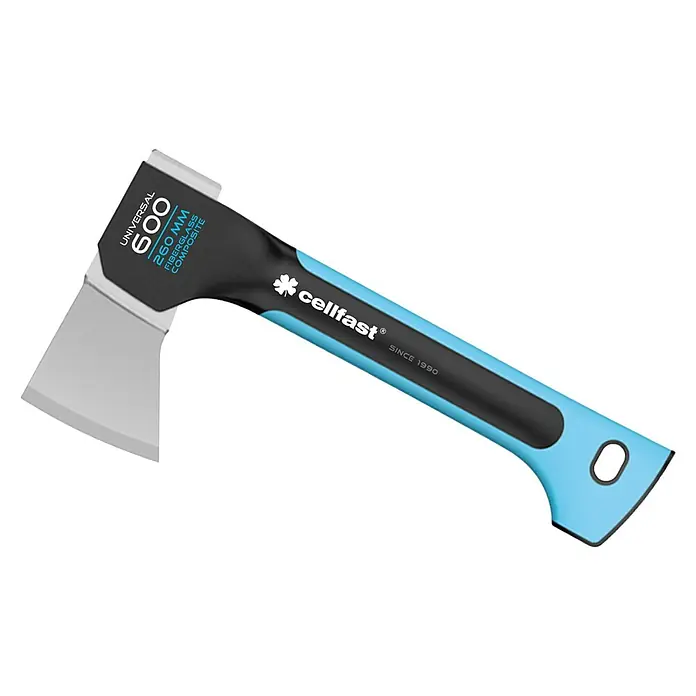 Cellfast Universalaxt U600 Ergo - Länge: 26 cm - Eine Cellfast Universal 600 Axt mit blauem Fiberglas-Composite-Griff und silberner Klinge für verschiedene Schneidarbeiten.