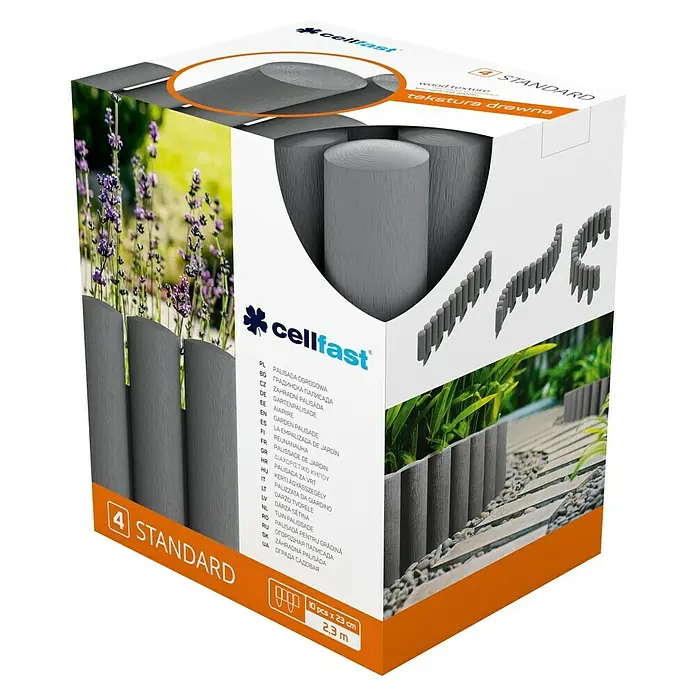 Palisade - L x H: 2,3 m x 145 mm, Anthrazit, Kunststoff - Produktverpackung einer grauen Gartenpalisade mit Holzstruktur, 10 Stück, 23 cm Länge.