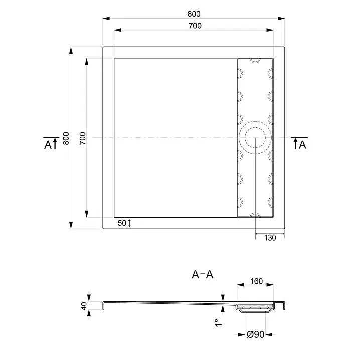 Ottofond Duschwanne Liberia - 80 x 80 cm, Sanitäracryl, Weiß - Technische Zeichnung einer quadratischen Duschwanne mit den Maßen 800 x 800 mm, inklusive Detailansicht des Ablaufs.