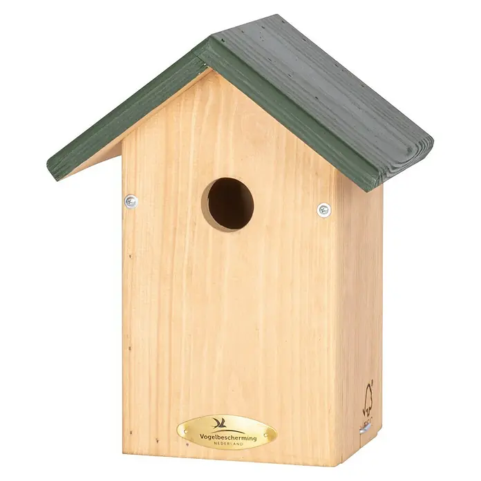 CJ Wildlife Vogelhaus Oklahoma - 290 x 220 x 18 mm, Kiefer, Natur/Grün - Das Foto zeigt ein Vogelhaus aus Holz mit grünem Dach. Ideal für Naturliebhaber und Vogelfreunde, bietet es einen sicheren Nistplatz.