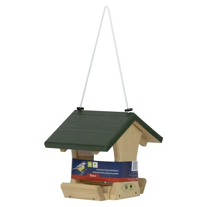 CJ Wildlife Futterstation Reno - 275 x 200 x 230 mm, Natur/Grün - Ein detailreiches Foto eines Reno-Vogelhauses mit einem grünen Dach und einem Seil zum Aufhängen, das die ideale Ergänzung für jeden Garten ist.