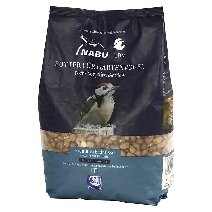 CJ Wildlife Wildvogelfutter Erdnüsse - 2 kg - Bild eines Beutels Erdnüsse für Gartenvögel. Empfohlen von NABU LBV, Premium-Qualität, getestet auf Aflatoxine.