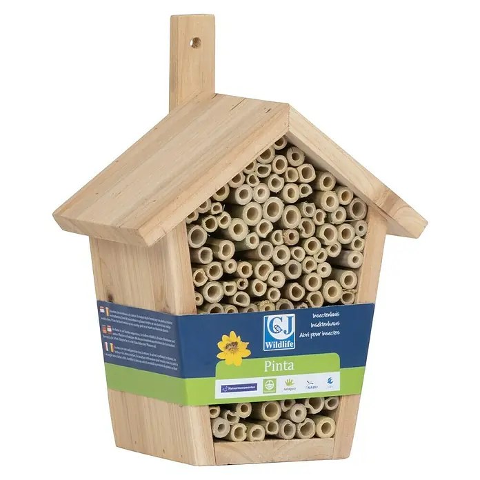 CJ Wildlife Bienenhaus Pinta - 11 x 17 x 19,7 cm, Holz, Natur - Ein Insektenhotel aus Holz, gefüllt mit Bambusrohren, bietet Insekten Unterschlupf und Nistmöglichkeiten.