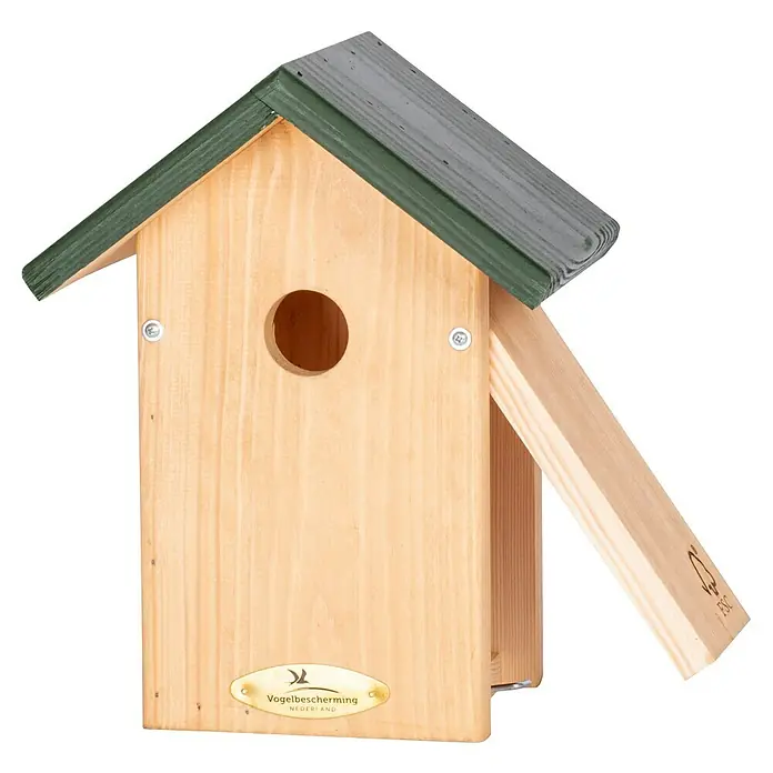 CJ Wildlife Vogelhaus Oklahoma - 290 x 220 x 18 mm, Kiefer, Natur/Grün - Dieses Foto zeigt ein charmantes Holzvogelhaus mit einem grünen Dach und einem runden Eingangsloch, ideal für Gartenliebhaber und Vogelfreunde.