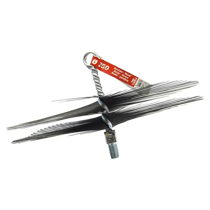 Deshollinador - Diámetro: 250 mm, Alambre de acero - Un cepillo de alambre con conexión roscada y un lazo rojo, ideal para tareas de limpieza.
