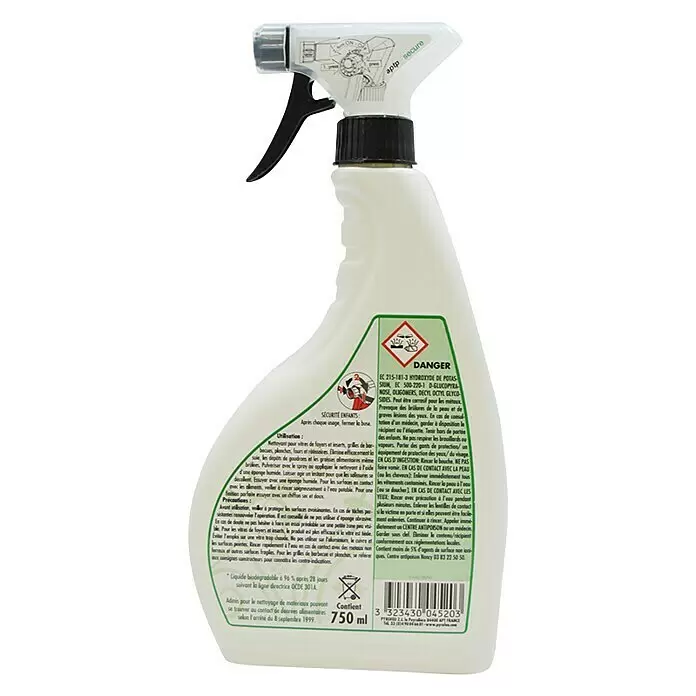 Limpiador de cristales 3 en 1 - 750 ml, Cristales de chimeneas/hornos - Botella de spray de limpieza blanca con gatillo negro, etiqueta con advertencias e instrucciones en francés.