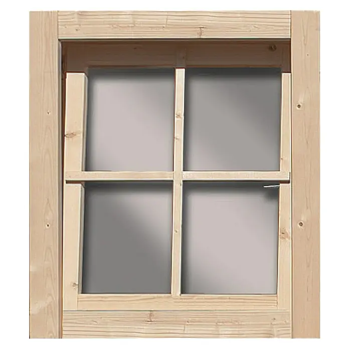 Karibu Fenster-Element - Natur, Klarglas, 69 x 80 cm, Geeignet für: Gartenhäuser mit 28 mm Wandstärke - Holzfenster mit vier Feldern und hellem Holzrahmen. Ideal für natürliches Licht und rustikalen Charme im Raum.