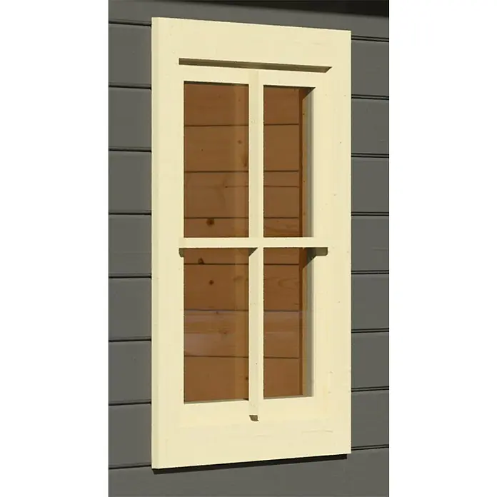 Karibu Fenster-Element - Elfenbeinweiß, Klarglas, 69 x 80 cm, Geeignet für: Gartenhäuser mit 28 mm Wandstärke - Ein Fenster mit Rahmen und Sprossen, das ein rustikales Aussehen verleiht und sich gut in die Fassade einfügt. Helle Farbe des Rahmens.