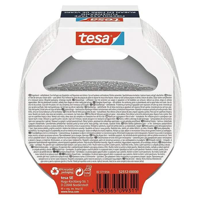Tesa Reparaturklebeband - Weiß, 20 m x 50 mm - Close-up of tesa fiberglass tape, perfect for patching plasterboard and repairing cracks, self-adhesive for easy application.