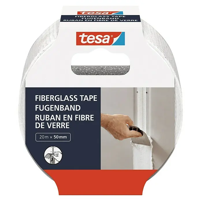 Tesa Reparaturklebeband - Weiß, 20 m x 50 mm - Abbildung von Tesa Glasfaser-Fugenband, 20 m x 50 mm, zur Verstärkung von Trockenbauwänden und Reparatur von Rissen und Löchern.
