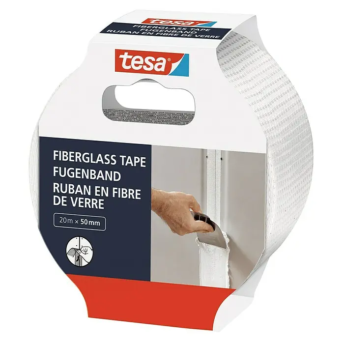 Tesa Reparaturklebeband - Weiß, 20 m x 50 mm - Verpackung der Tesa Glasfaserband-Rolle, ideal zum Verstärken und Stabilisieren von Gipsplattenfugen im Innenausbau.