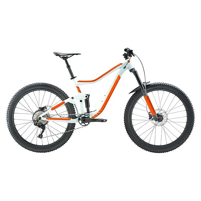 Luxshield Lackschutzfolie für Fahrräder - 5 -tlg. - Ein weiß-orangenes Mountainbike mit gefedertem Rahmen ist auf einem schwarzen Hintergrund abgebildet.