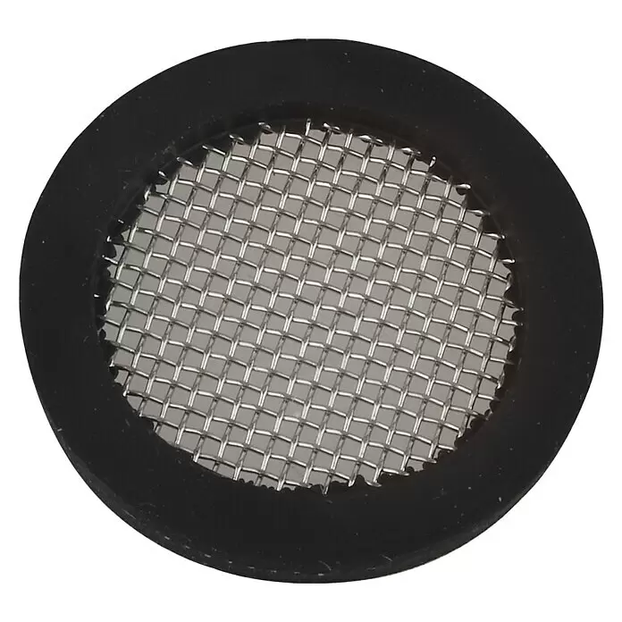 Schmutzfangsieb - Größe Brauseschlauchanschluss: ½″ - Runde schwarze Gummidichtung mit einem silbernen Metallfiltersieb in der Mitte, um Schmutz fernzuhalten.