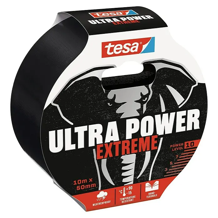 Tesa Ultra Power Reparaturgewebeband Extreme - Schwarz, 10 m x 50 mm - Tesa Ultra Power Extreme Klebebandrolle mit Elefantenmotiv, 10m x 50mm, wetterfest und temperaturbeständig.