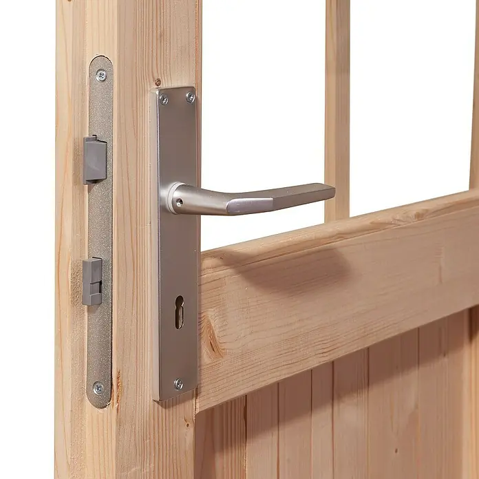 Karibu Gartenhaus Berlo 2 - Außenmaß inkl. Dachüberstand (B x T): 270 x 274 cm, Holz, Natur - Nahaufnahme einer Holztür mit einem modernen Türgriff aus Metall und einem silbernen Schloss.
