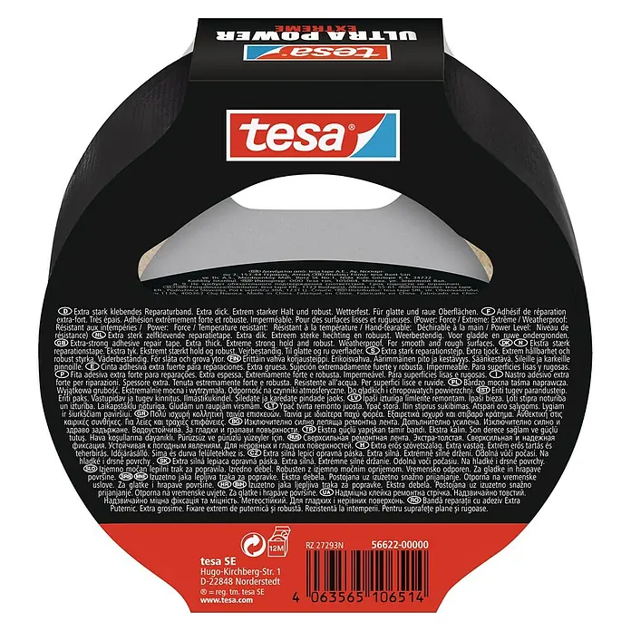 Tesa Ultra Power Reparaturgewebeband Extreme - Schwarz, 10 m x 50 mm - Tesa Ultra Power Extreme: Extra starkes, dickes Reparatur-Klebeband für glatte und raue Oberflächen, wetterfest und extrem haltbar.