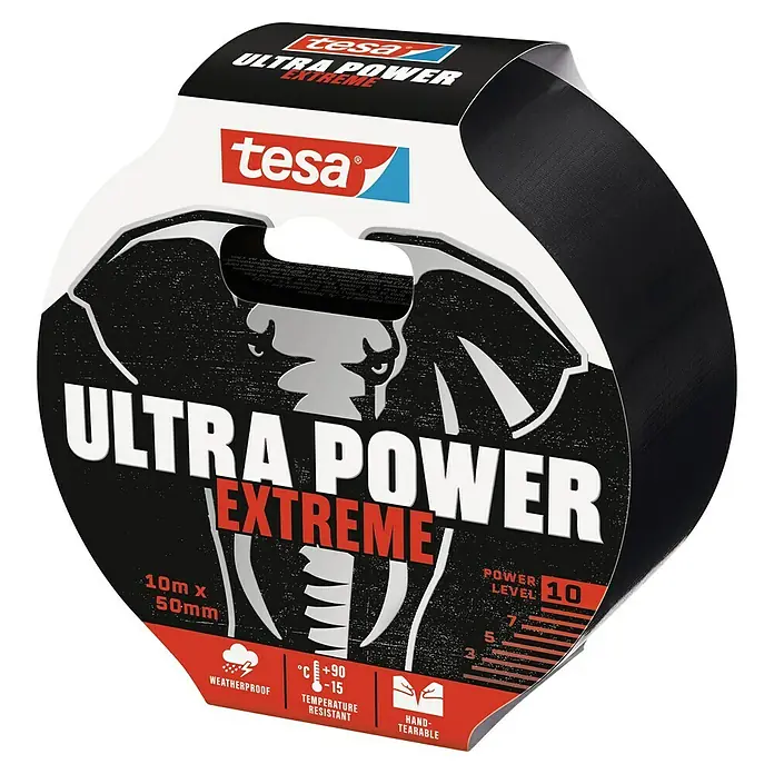 Tesa Ultra Power Reparaturgewebeband Extreme - Schwarz, 10 m x 50 mm - Produktansicht: Tesa Ultra Power Extreme Klebebandrolle, wetterfest, temperaturbeständig und handreißbar für extreme Anwendungen.