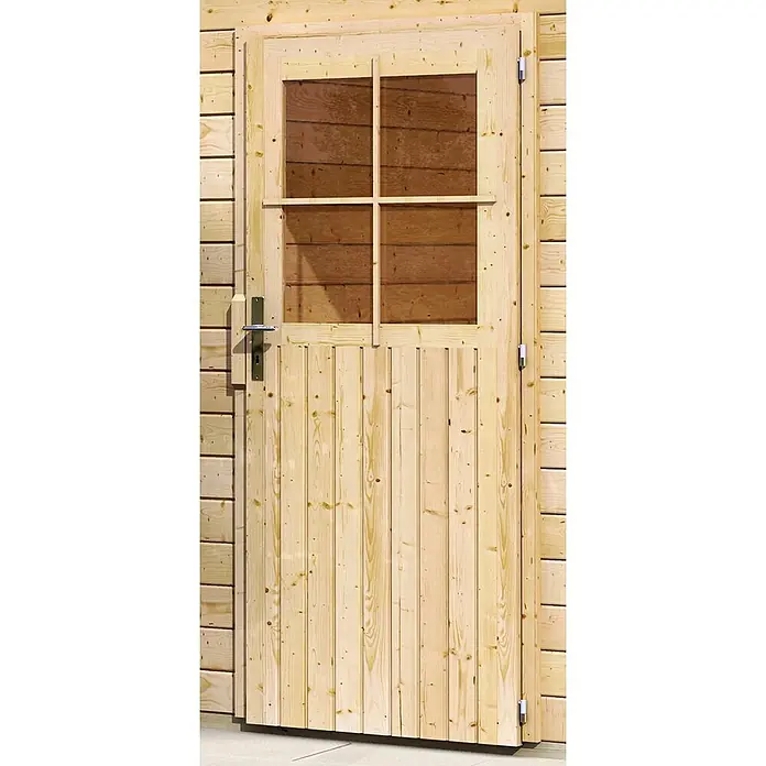 Karibu Garage - Holz, 12 m², Wandstärke: 28 mm - Nahaufnahme einer Holztür mit Fenster und Beschlägen, die traditionelle Handwerkskunst und rustikalen Charme vereint.
