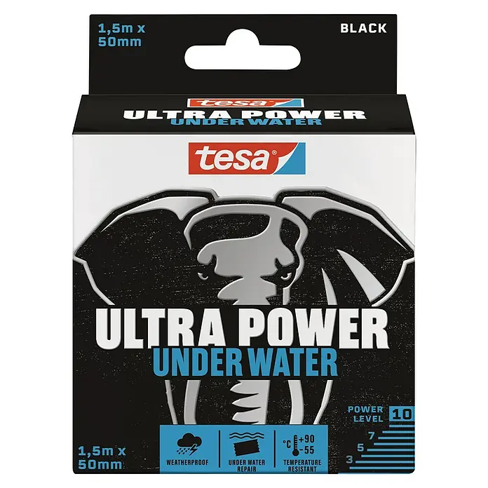 Tesa Ultra Power Unterwasser-Klebeband Under Water - Schwarz, 1,5 m x 50 mm - Abbildung des Tesa Ultra Power Unterwasser-Klebebands, ideal für Reparaturen im Nassbereich und beständig gegen extreme Temperaturen.