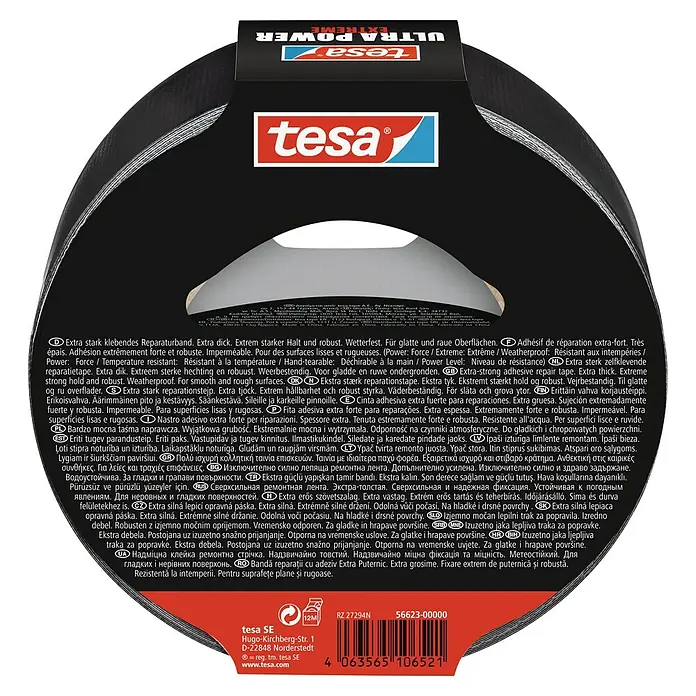 Tesa Ultra Power Reparaturgewebeband Extreme - Schwarz, 25 m x 50 mm - Tesa Ultra Power Extreme: Extra starkes, dickes Reparatur-Klebeband für glatte und raue Oberflächen, wetterfest und robust.