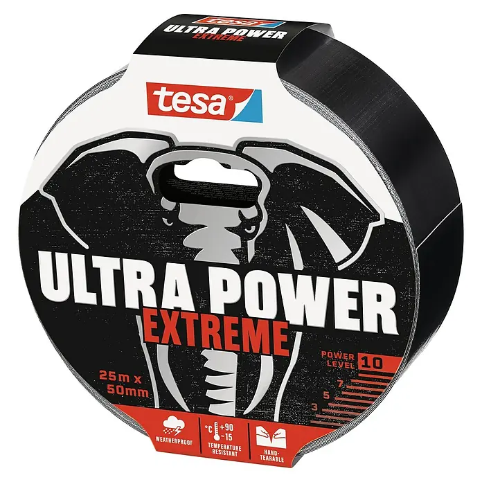 Tesa Ultra Power Reparaturgewebeband Extreme - Schwarz, 25 m x 50 mm - Eine Rolle Tesa Ultra Power Extreme Klebeband, das für seine Wetterfestigkeit und Temperaturbeständigkeit bekannt ist.