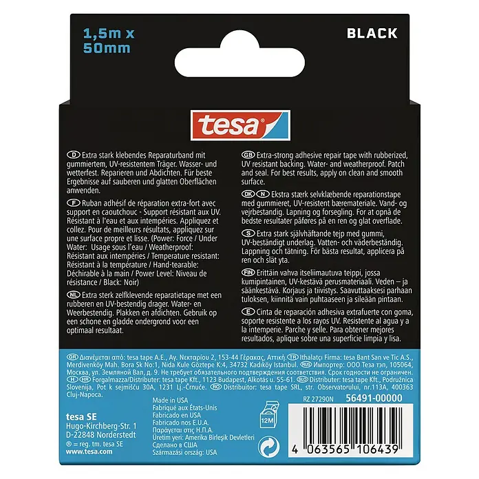 Tesa Ultra Power Unterwasser-Klebeband Under Water - Schwarz, 1,5 m x 50 mm - Tesa Black Panzertape: Extra starkes, gummiertes und UV-beständiges Gewebeband für Reparaturen und Abdichtungen im Innen- und Außenbereich.