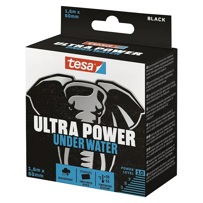 Tesa Ultra Power Unterwasser-Klebeband Under Water - Schwarz, 1,5 m x 50 mm - Tesa Ultra Power Unterwasser-Reparatur-Klebeband, wasserfest und UV-beständig, ideal für schnelle Reparaturen.