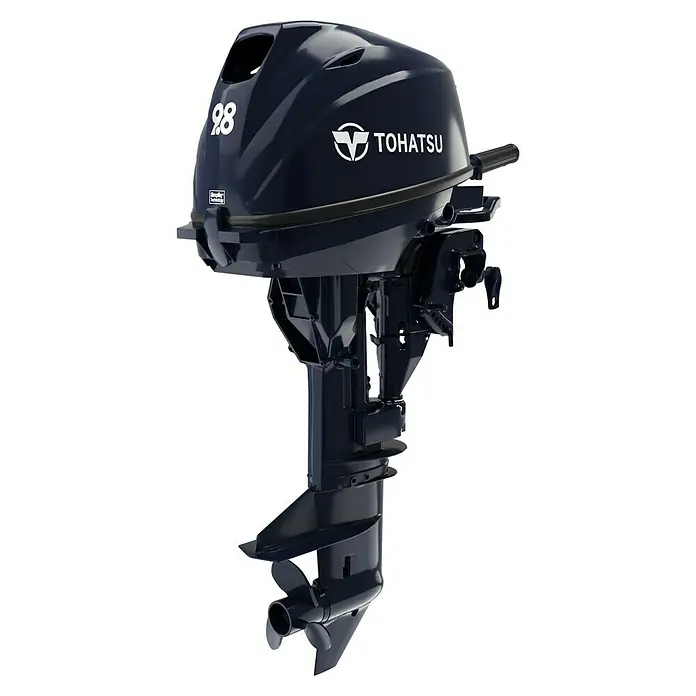 Tohatsu Außenbordmotor MFS 9.8 BS - 7,2 kW, Pinnensteuerung, Kurzschaft, Seilzug - Nahaufnahme eines Tohatsu 9.8 Außenbordmotors. Das Design ist schlank und modern, mit Fokus auf Effizienz und Leistung auf dem Wasser.