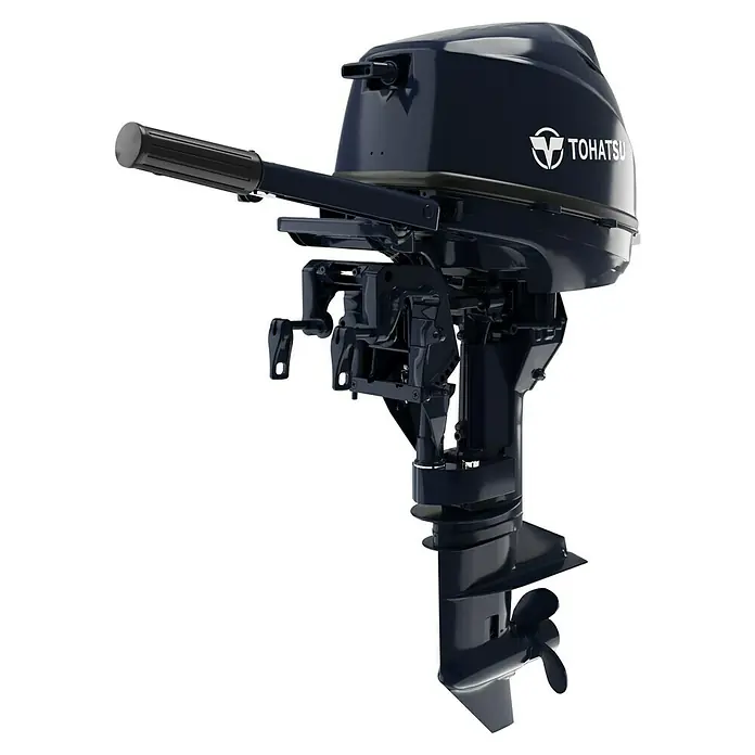 Tohatsu Außenbordmotor MFS 9.8 BS - 7,2 kW, Pinnensteuerung, Kurzschaft, Seilzug - Ein dunkelblauer Tohatsu Außenbordmotor mit Griff und Propeller, ideal für kleine Boote und Wassersport.
