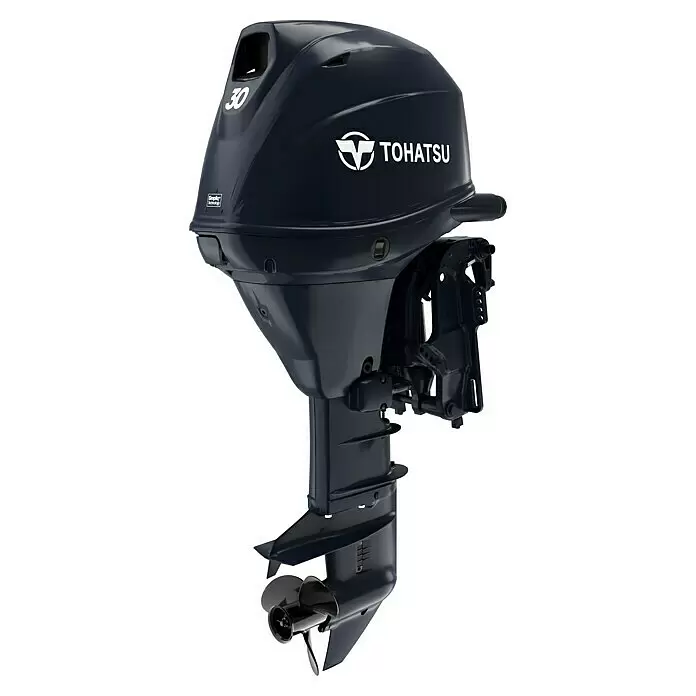 Tohatsu Außenbordmotor MFS 30 DETL - 22,06 kW, Fernsteuerung, Langschaft, Elektrostart - Dunkelblauer Tohatsu 30 PS Außenbordmotor mit schwarzem Propeller und 'Simpliq technology'-Aufschrift.